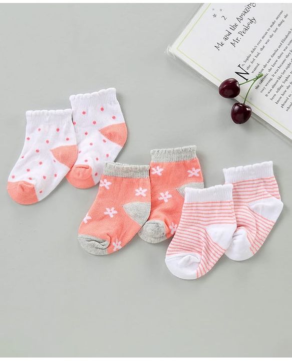 Cute Walk by Babyhug Cotton Blend Ankle Length Anti Bacterial Socks Floral Design Pack of 3 - Orange Pink