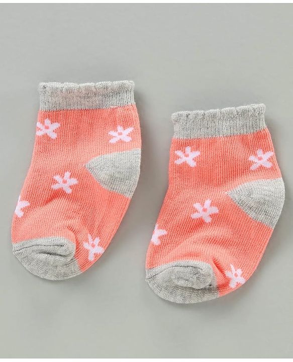 Cute Walk by Babyhug Cotton Blend Ankle Length Anti Bacterial Socks Floral Design Pack of 3 - Orange Pink