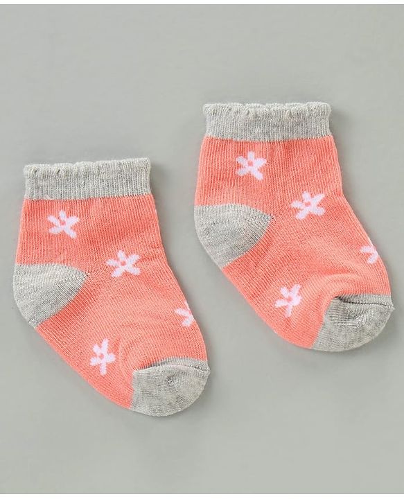 Cute Walk by Babyhug Cotton Blend Ankle Length Anti Bacterial Socks Floral Design Pack of 3 - Orange Pink