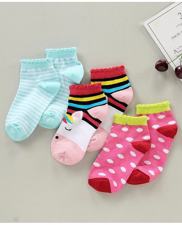 Cute Walk by Babyhug Cotton Blend Ankle Length Anti Bacterial Socks Unicorn Design Pack of 3 - Pink Blue