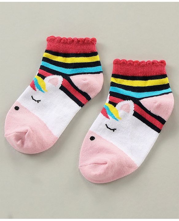 Cute Walk by Babyhug Cotton Blend Ankle Length Anti Bacterial Socks Unicorn Design Pack of 3 - Pink Blue
