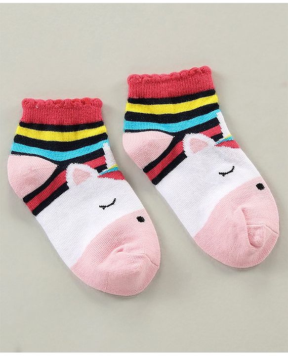 Cute Walk by Babyhug Cotton Blend Ankle Length Anti Bacterial Socks Unicorn Design Pack of 3 - Pink Blue