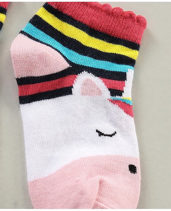 Cute Walk by Babyhug Cotton Blend Ankle Length Anti Bacterial Socks Unicorn Design Pack of 3 - Pink Blue
