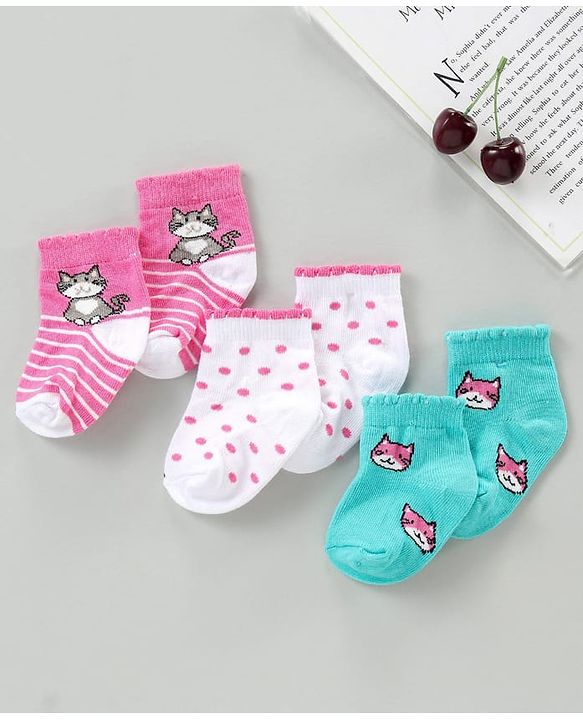 Cute Walk by Babyhug Cotton Blend Ankle Length Anti Bacterial Socks Kitty Design Pack of 3 - Pink Blue