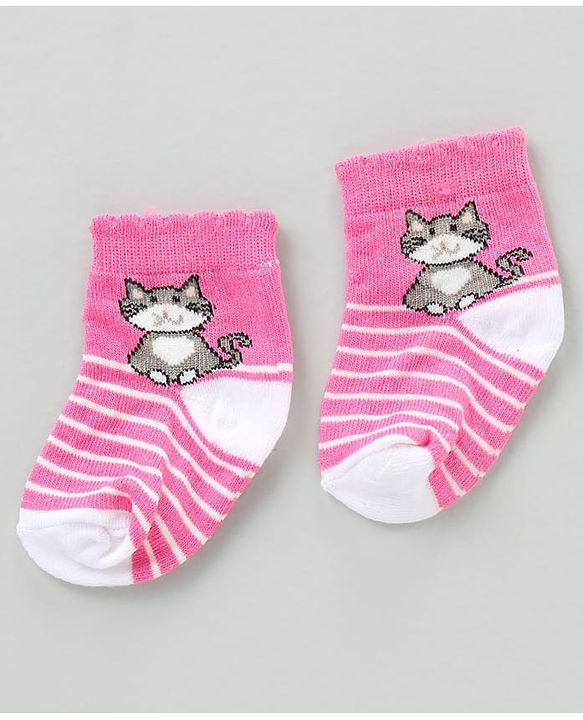 Cute Walk by Babyhug Cotton Blend Ankle Length Anti Bacterial Socks Kitty Design Pack of 3 - Pink Blue