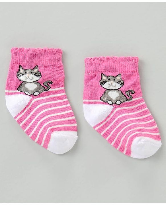 Cute Walk by Babyhug Cotton Blend Ankle Length Anti Bacterial Socks Kitty Design Pack of 3 - Pink Blue