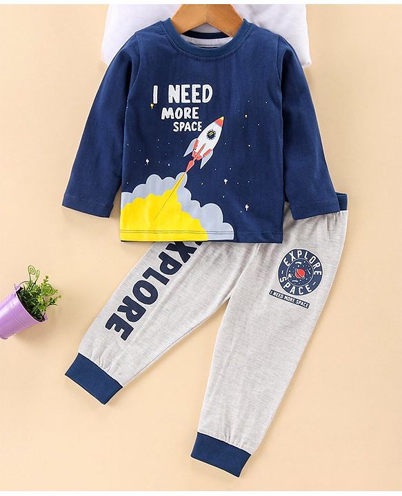 Babyhug Full Sleeves Night Suit Rocket Print - Navy Blue Light Grey