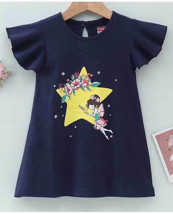 Babyhug Half Sleeves Night Gown Fairy Print - Navy Blue