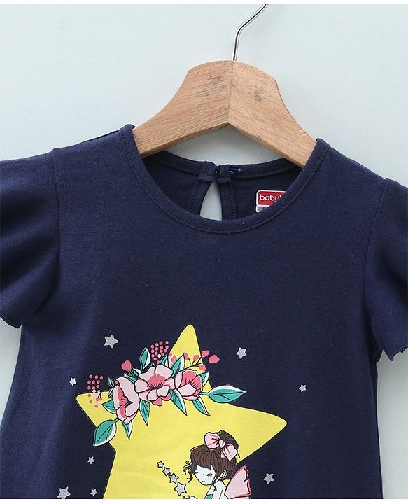 Babyhug Half Sleeves Night Gown Fairy Print - Navy Blue