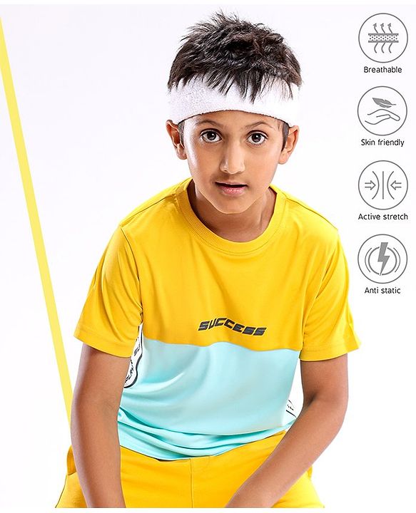 Pine Active Half Sleeves Quick Dry T-shirt with HD Text Print - Yellow Blue