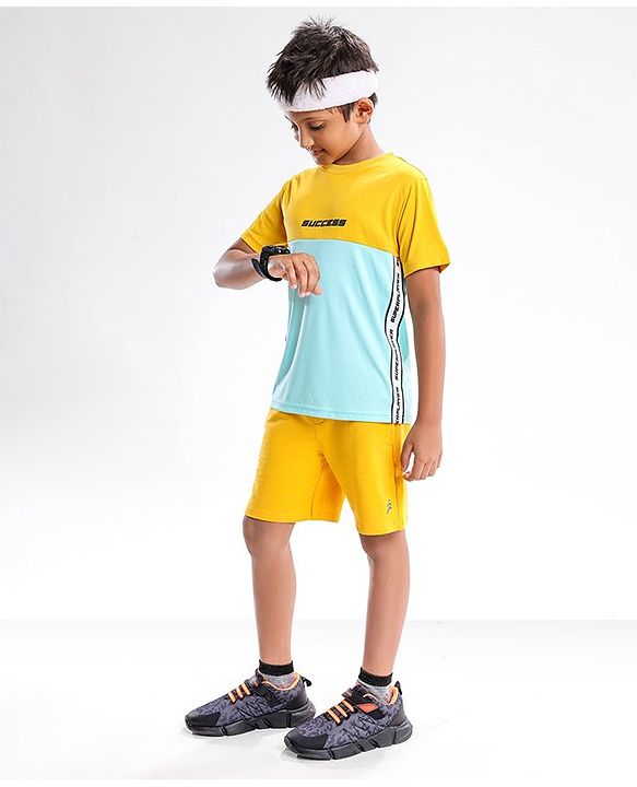 Pine Active Half Sleeves Quick Dry T-shirt with HD Text Print - Yellow Blue