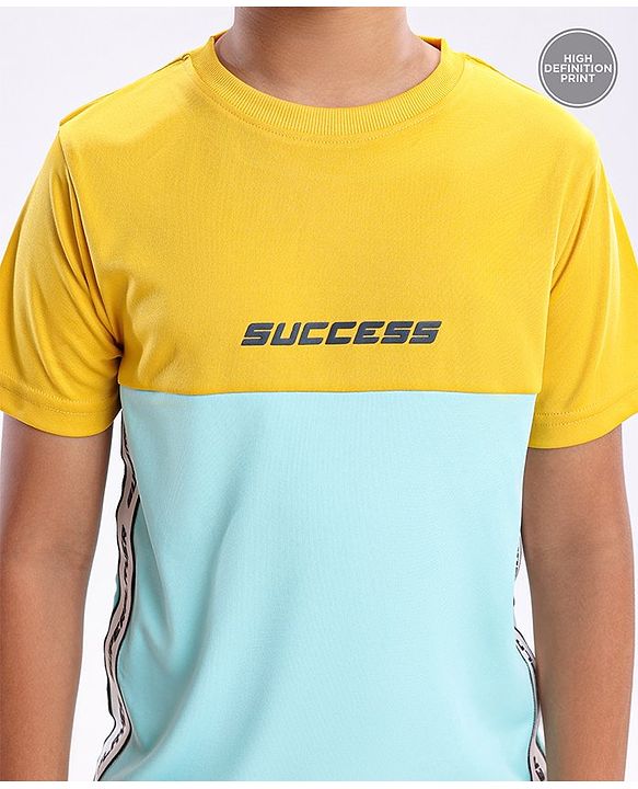 Pine Active Half Sleeves Quick Dry T-shirt with HD Text Print - Yellow Blue
