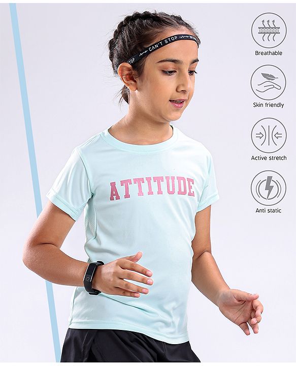 Pine Active Skin Friendly & Breathable Half Sleeves T-shirt with Foil Text Print - Aqua Blue