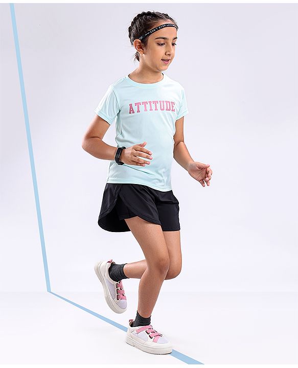 Pine Active Skin Friendly & Breathable Half Sleeves T-shirt with Foil Text Print - Aqua Blue