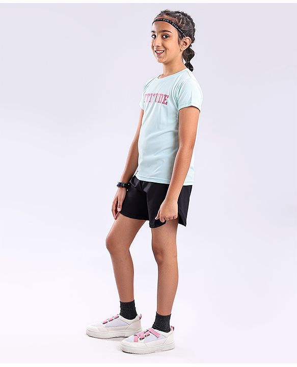 Pine Active Skin Friendly & Breathable Half Sleeves T-shirt with Foil Text Print - Aqua Blue