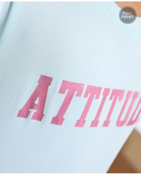 Pine Active Skin Friendly & Breathable Half Sleeves T-shirt with Foil Text Print - Aqua Blue