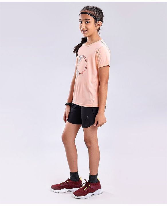 Pine Active Skin Friendly & Breathable Half Sleeves Text Print Top Text Print - Peach