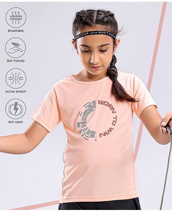 Pine Active Skin Friendly & Breathable Half Sleeves Text Print Top Text Print - Peach
