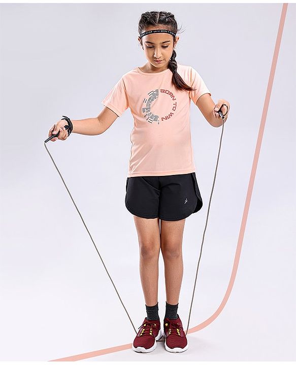 Pine Active Skin Friendly & Breathable Half Sleeves Text Print Top Text Print - Peach