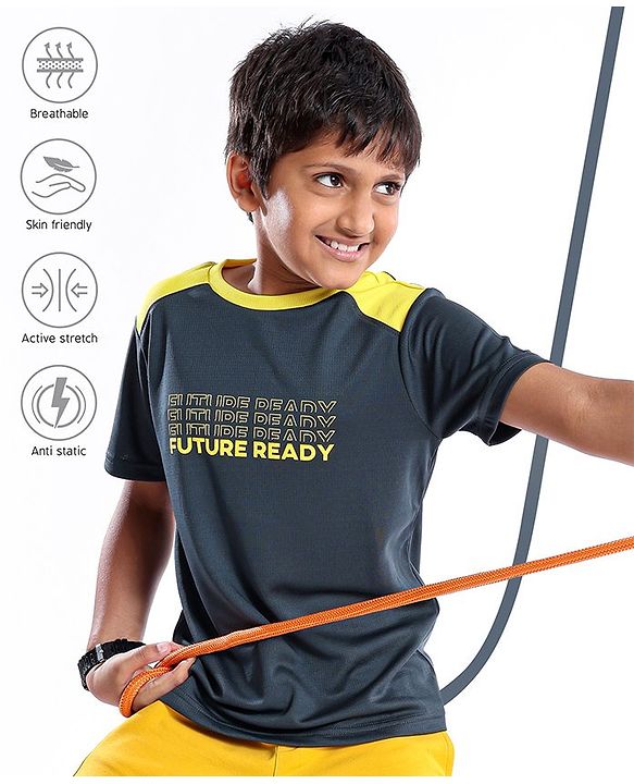 Pine Active Half Sleeves Text Print T Shirt -  Black Yellow