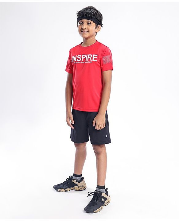 Pine Active Half Sleeves Quick Dry T-shirt with HD Text Print - Red
