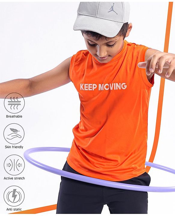 Pine Active Skin Friendly & Breathable Sleeveless Text Print T-Shirt - Orange