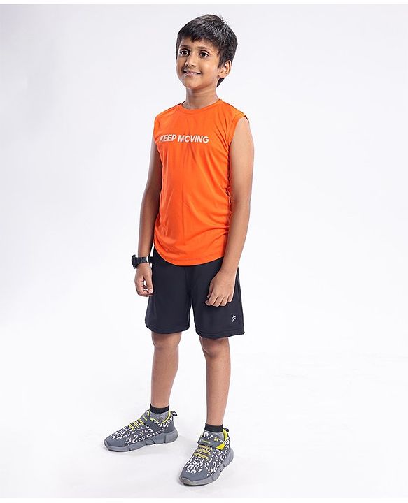 Pine Active Skin Friendly & Breathable Sleeveless Text Print T-Shirt - Orange
