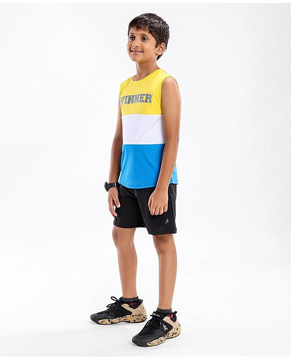 Pine Active Sleeveless T-Shirt Text Printed - Yellow Blue