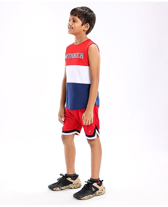 Pine Active Sleeveless Colour Block and Text Print T-shirt - Red Blue