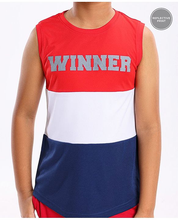 Pine Active Sleeveless Colour Block and Text Print T-shirt - Red Blue