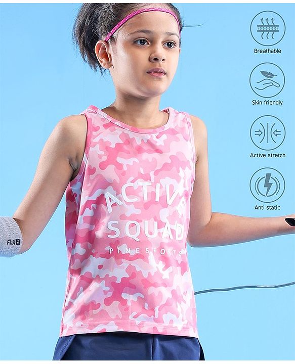 Pine Active Skin Friendly & Breathable Sleeveless Sportswear T-Shirt Camo & Text Print - Multicolour