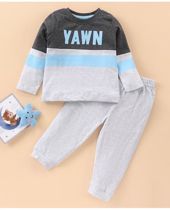 Babyhug Full Sleeves Night Suit Text Print - Grey