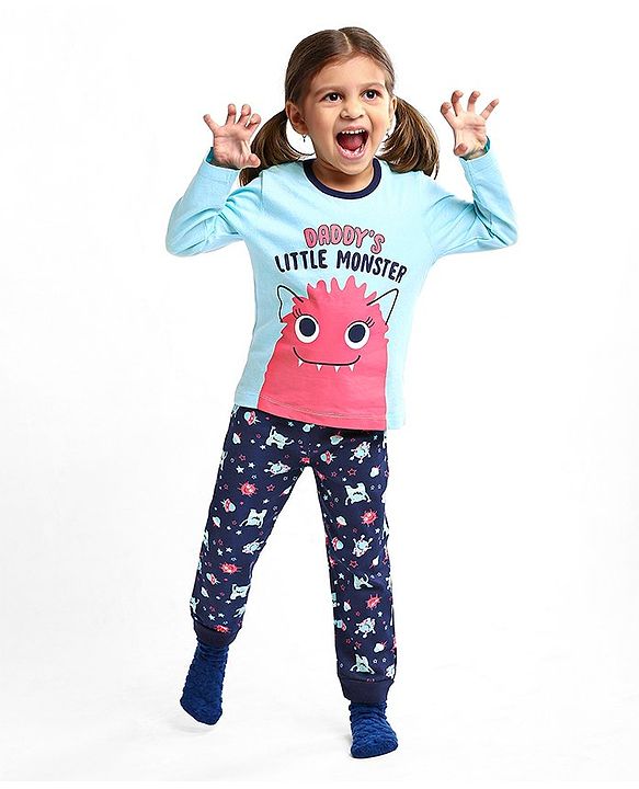 Babyhug Cotton Knit Full Sleeves Text Printed Night Suit - Blue