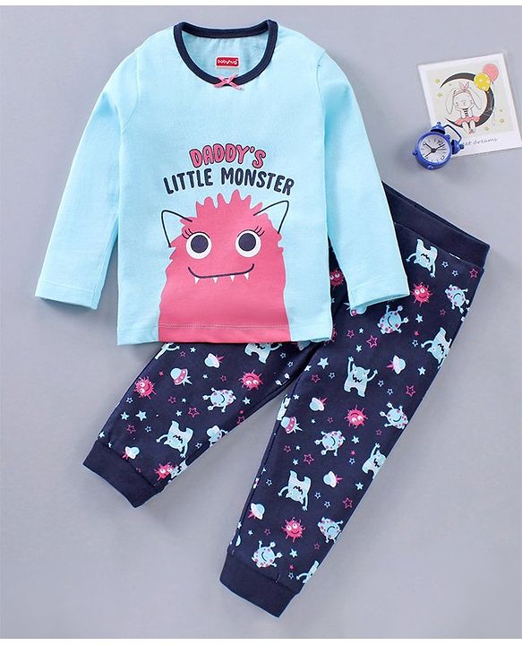 Babyhug Cotton Knit Full Sleeves Text Printed Night Suit - Blue