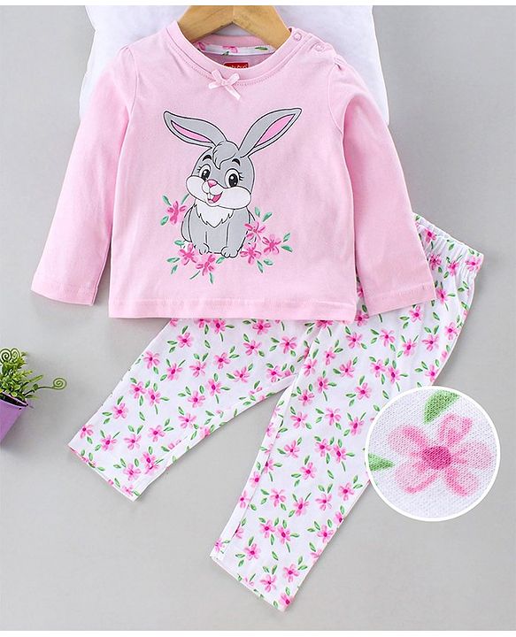 Babyhug Full Sleeves Night Suit Bunny Print - Light Pink White