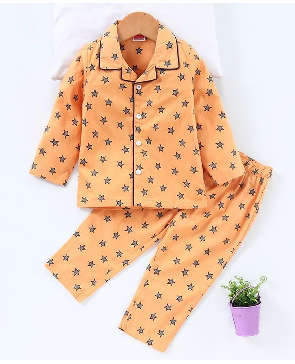 Babyhug Full Sleeves Cotton T-shirt and Pyjama Set Star Print - Mustard