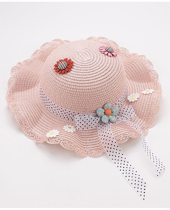 Babyhug Straw Hat With Flower & Ribbon Bow Applique - Pink