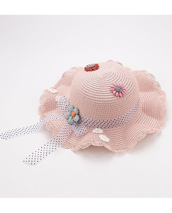 Babyhug Straw Hat With Flower & Ribbon Bow Applique - Pink