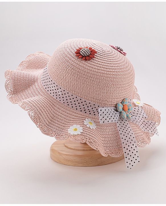 Babyhug Straw Hat With Flower & Ribbon Bow Applique - Pink