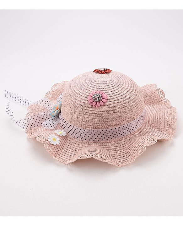 Babyhug Straw Hat With Flower & Ribbon Bow Applique - Pink