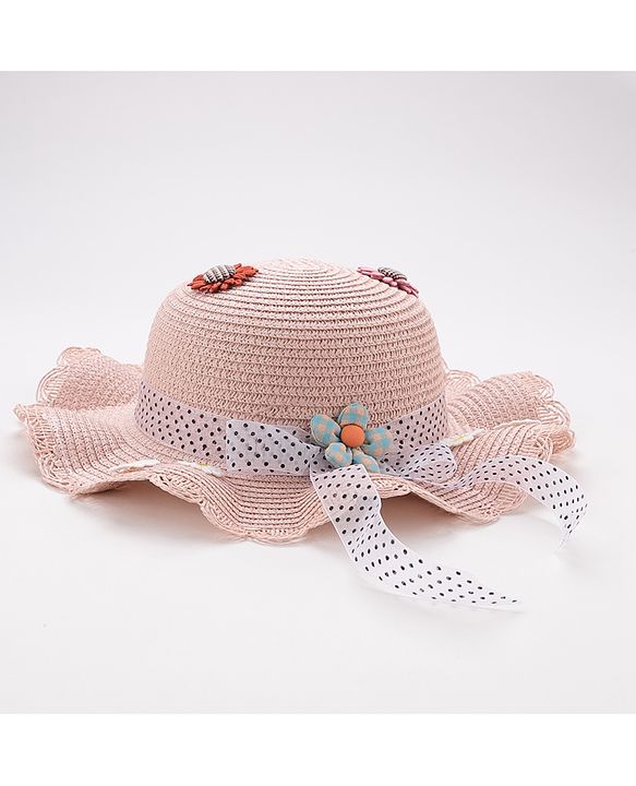 Babyhug Straw Hat With Flower & Ribbon Bow Applique - Pink
