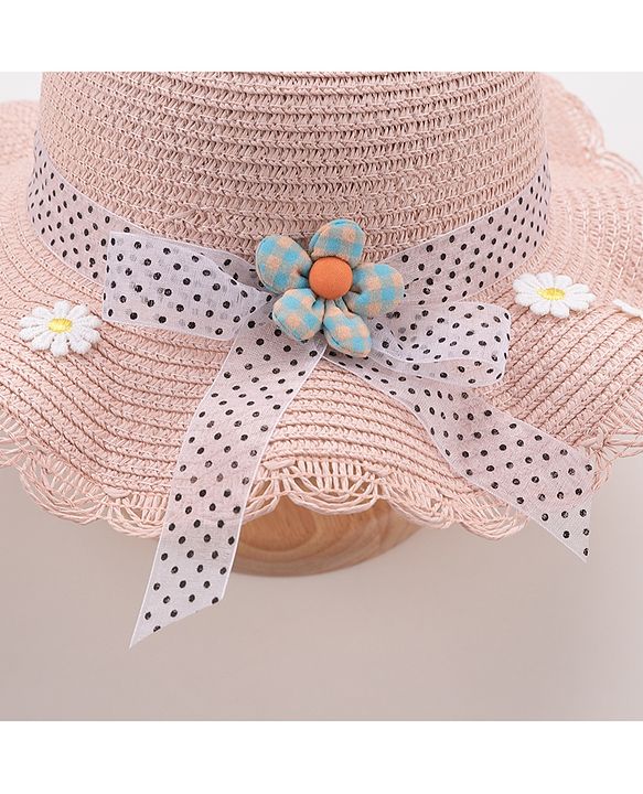 Babyhug Straw Hat With Flower & Ribbon Bow Applique - Pink