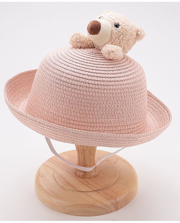 Babyhug Straw Hat With Teddy Applique - Pink