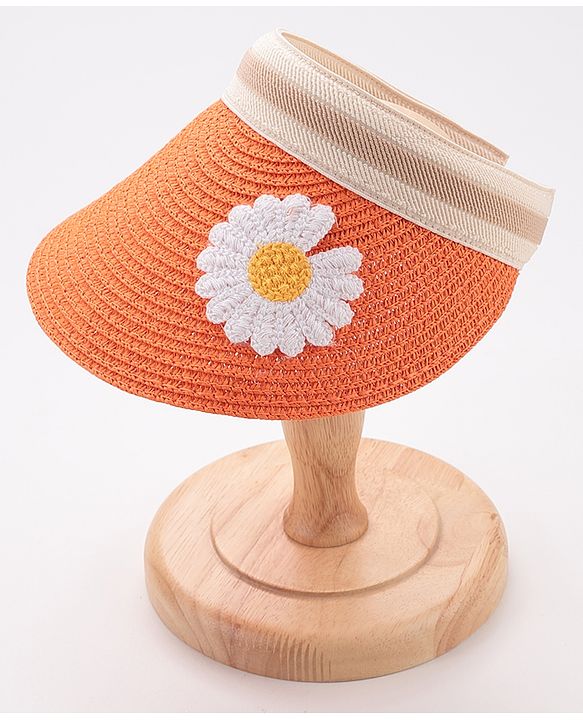 Babyhug Visor Straw Hat With Flower Patch - Orange