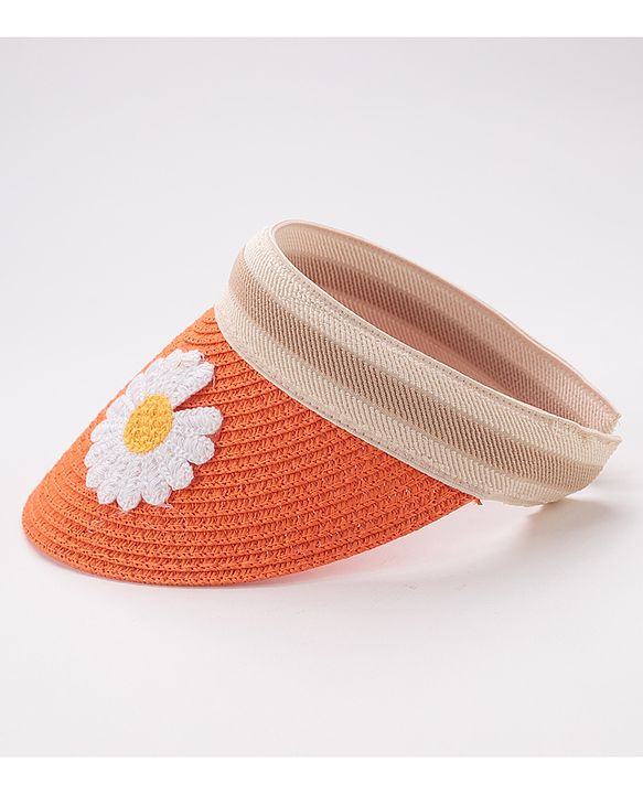 Babyhug Visor Straw Hat With Flower Patch - Orange