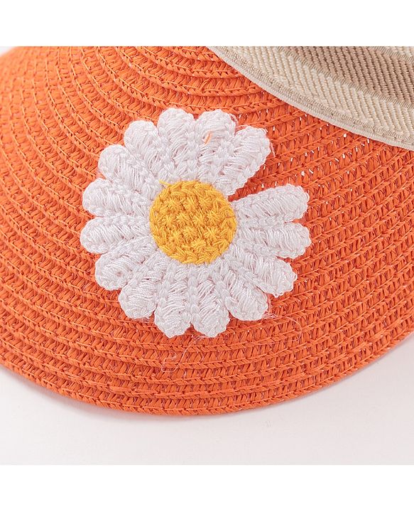 Babyhug Visor Straw Hat With Flower Patch - Orange
