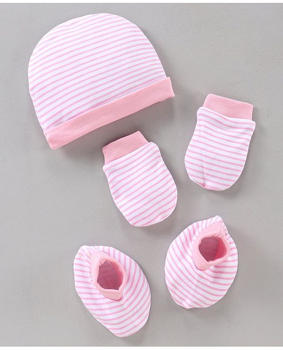 Babyhug 100% Cotton Cap Mittens & Booties Set Pink - Diameter 11 cm