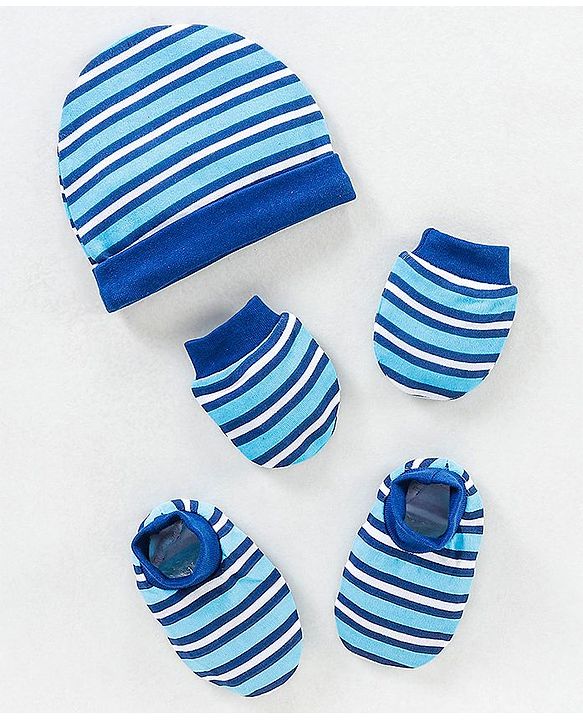 Babyhug 100% Cotton Cap Mittens & Booties Set Blue - Diameter 11 cm