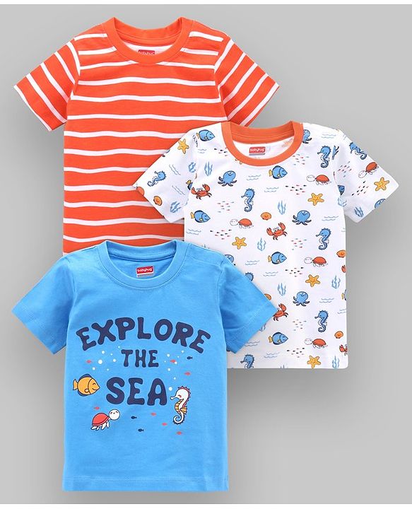 Babyhug Half Sleeves Tees Sea Animals Print Pack of 3 - Orange Sky Blue White