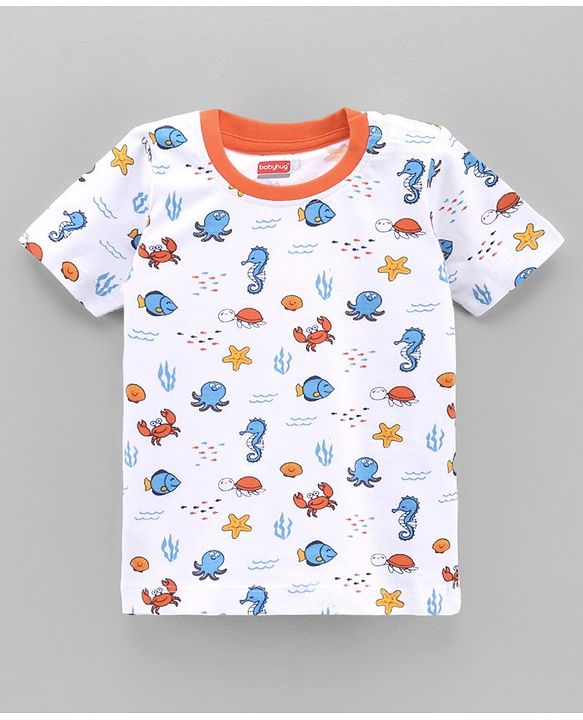 Babyhug Half Sleeves Tees Sea Animals Print Pack of 3 - Orange Sky Blue White